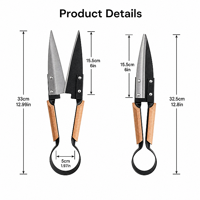纯白背景，上方放置标题文字"Product Details"，画面中间放置图1打开状态羊毛剪和图2闭合状态羊毛剪两个产品，分别标注具体尺寸：闭合状态羊毛剪长度为32.5cm/12.8in,刀片长度为15.5cm/6in；打开状态羊毛剪长度为33cm/12.99in,刀片长度为15.5cm/6in，打开刀片距离为5cm/1.97in。所有文字清晰可辨认，产品展示清晰真实，保持材质颜色准确，构图均衡清晰，比例1:1
