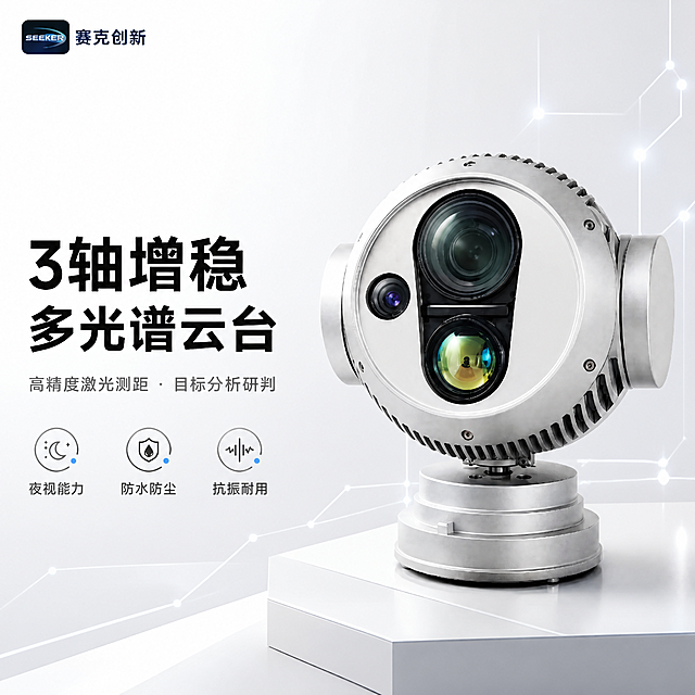 第1张 详情页头图-三轴增稳多光谱吊舱云台主视觉海报。本张使用【图1】作为商品主体，参考【图5】的版式风格。
氛围/风格：科技工业风，高级简约，商业摄影质感，浅灰白底科技感。
元素布局：云台产品置于画面右侧，占比约60%，45°微仰视角度，放置在几何切面的白色展示台上；左侧留大面积标题区；背景为浅灰白色渐变，点缀科技感线条网格和发光节点装饰；左上角放置品牌标识区域；产品物理结构、银色金属质感、三镜头布局（大光学镜头+小镜头+黄绿色激光镜头）、散热齿纹、底座结构必须与输入产品图完全一致。
光影质感：左上方主光源柔光照明，右侧辅助光勾勒轮廓，底部自然投影，金属表面有细腻高光反射，整体通透干净。
配色色系：全局底色 #F5F7FA 浅灰白；主色深灰黑 #1A1A1A；辅助色科技蓝 #2563EB；点缀色浅灰线条。
视角构图：正面微仰视，产品为视觉中心，阅读动线左上品牌→左侧标题→右侧产品→底部卖点图标。
文字版式：版式为左侧大标题+右侧产品+底部图标卖点。主标题「3轴增稳 多光谱云台」，粗黑体大字两行；副标题「高精度激光测距 · 目标分析研判」，中等字号灰色；底部横向排列3个圆形线框图标+文字标签：夜视能力、防水防尘、抗振耐用；左上角品牌区「SEEKER 赛克创新」；文字不遮挡产品主体。
比例：9:16竖版，4K分辨率，文字清晰可辨，高清画质。
负向提示词：产品变形，结构错误，缺件错件，颜色偏差，水印，文字错乱，文字过小，背景杂乱，产品模糊。