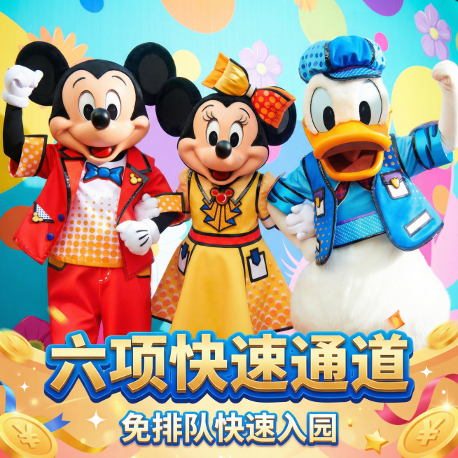 主标题为“六项快速通道”，采用醒目的蓝金渐变立体加粗字体；下方配有“免排队快速入园”的促销文案，整体风格是商业电商风，色彩鲜艳明快，充满童话感与节日氛围，画面具有强烈的视觉吸引力和立体感，图片比例为预览效果
