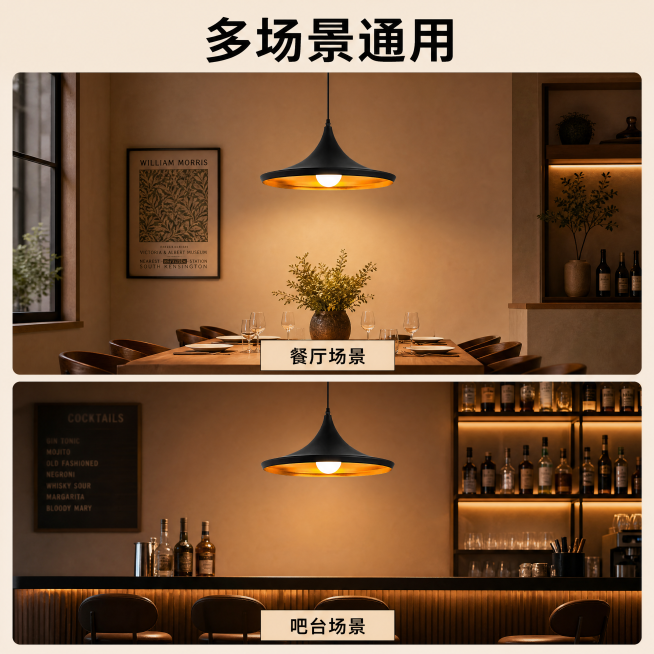 [主图-4] 复古工业风单头吊灯多适配场景展示图。保持吊灯外观结构、外黑内金颜色、精工铝材材质与输入产品图绝对一致，杜绝任何变形和色差，精细化处理。氛围风格：多场景展示，体现产品通用性，高级自然。画质预览效果