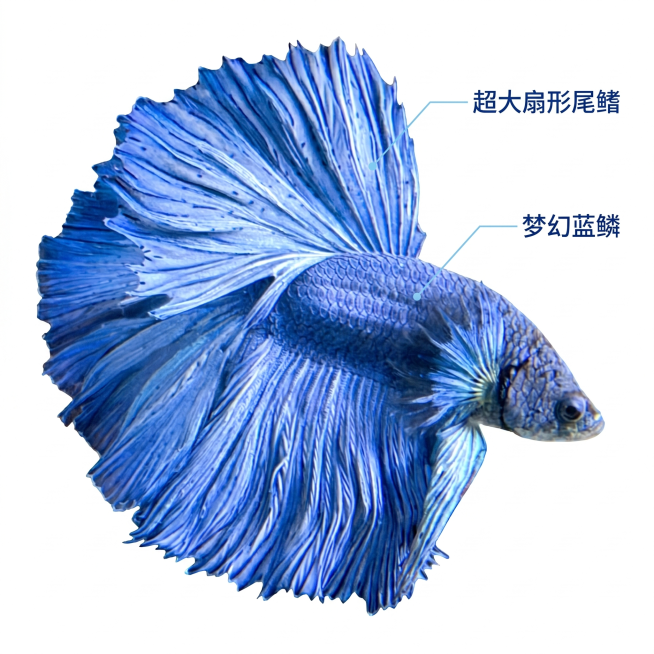 [主图 2] 泰国半月斗鱼核心亮点展示图。
[氛围风格] 商业水族摄影，真实干净的商品展示风格；
[画质] 商业摄影质感、光线通透柔和、产品清晰真实、画面干净高级。
[元素] 蓝色泰国半月斗鱼占据画面预览效果