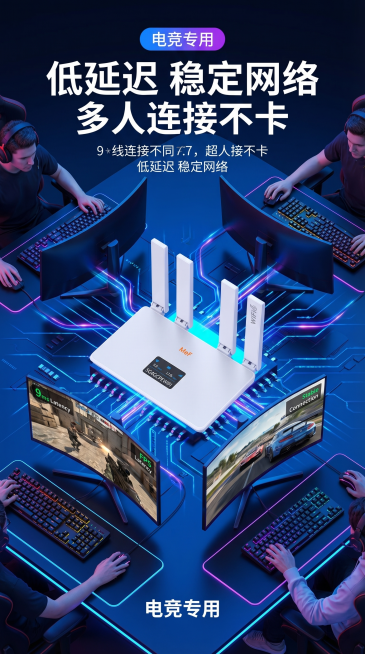 拼多多商品详情图，比例9:16，科技风深蓝色背景，展示可插卡无线路由器在游戏场景的使用效果，突出低延迟稳定网络，多人连接不卡，搭配电竞场景元素预览效果
