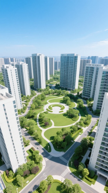 高空俯视角下的现代社区全景，多栋高耸的白色与浅灰色玻璃幕墙住宅楼环绕中央大型绿色公园，公园内有蜿蜒的步道、圆形广场、修剪整齐的草坪和茂密的绿树，建筑布局对称有序，道路与绿化带交织形成清晰的几何图案，阳光明媚，天空湛蓝，整体呈现出干净、整洁、宜居的社区氛围，具有强烈的空间纵深感和现代都市设计感。预览效果