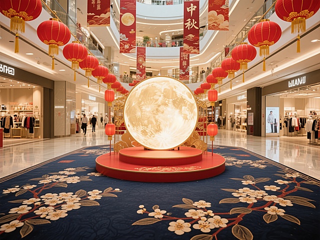 生成图片：中秋的氛围布置，位于商场大厅