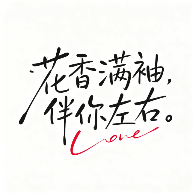 参考这张图的手写书法风格，生成文字“花香满袖，伴你左右”，使用黑色随意洒脱的手写笔触，保留一个红色英文装饰，纯白背景，保持原有的字体风格和布局预览效果