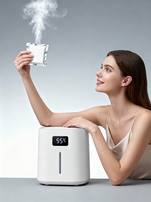 这是一个迷你毛巾加热机，帮我生成图片：一个欧美女性一只手搭在产品上方，另一只手拿起一块张开的压缩毛巾，上边还冒着热气预览效果