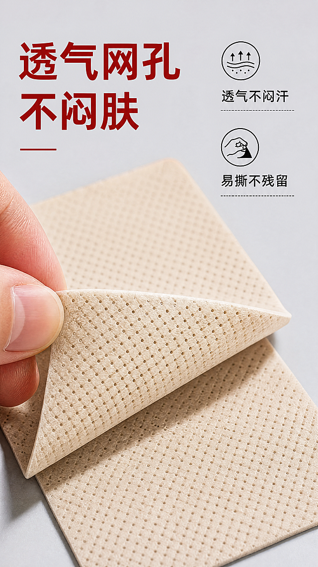 [第7屏] 贴布细节展示，微距放大金门一条根精油贴布的材质细节，展示透气性。
[氛围/风格] 特写质感风格，突出材质优势，真实可信。
[元素布局] 贴布平铺在浅灰色背景上，占画面60%；一只手轻轻掀起贴布一角，展示透气网孔；左侧主标题，右侧标注细节说明；突出网孔纹理和透气特质。
[光影质感] 侧光打亮贴布纹理，清晰展示孔隙结构，阴影自然，材质质感突出。
[配色色系] 背景浅灰色，贴布本色，主标题红色，文字黑色，整体干净简洁。
[视角构图] 平铺特写，主体居中，视觉焦点在贴布纹理上。
[文字版式] 左侧主标题「透气网孔 不闷肤」，右侧标注两个特点：「透气不闷汗」「易撕不残留」，文字清晰不遮挡贴布主体。
[比例分辨率] 9:16竖版比例，4K分辨率，文字清晰可辨，高清画质。
[负向提示词] 贴布变形，纹理模糊，文字错乱，出现台湾、中国台湾字样。