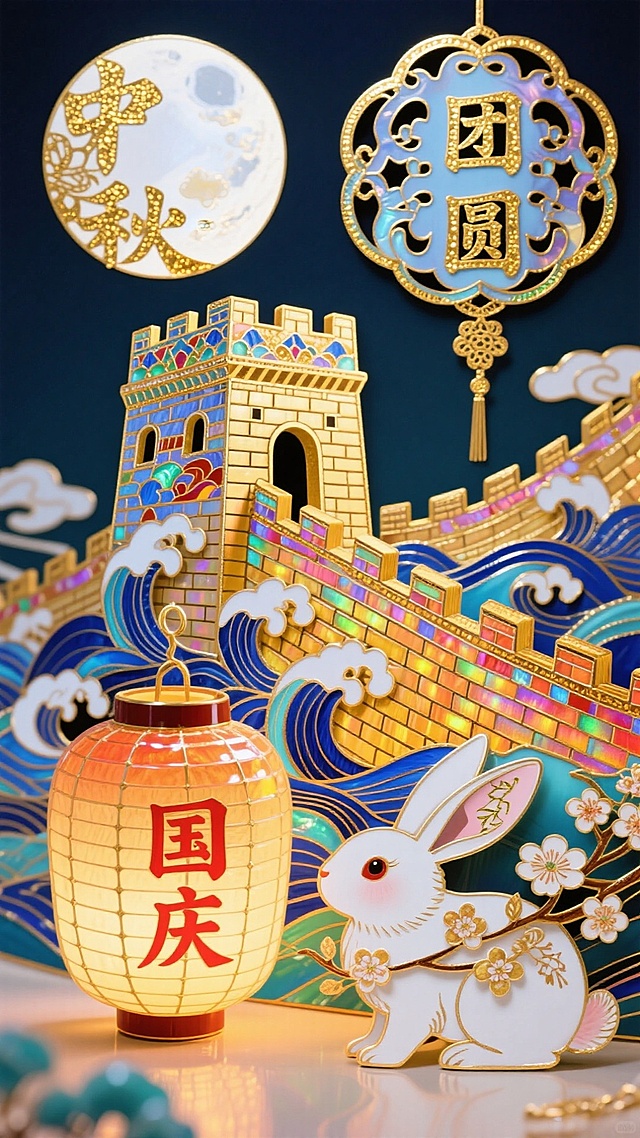 以中秋国庆双节元素为方向，运用非遗材质竹篾油纸灯笼雕成长城烽火台，灯笼壁手绘青花海浪纹，顶部贴剪纸圆月，月内用金箔刻“团圆”；前景是油纸灯笼雕的玉兔，耳朵用剪纸桂花缠枝，身体刷红漆写“国庆”。