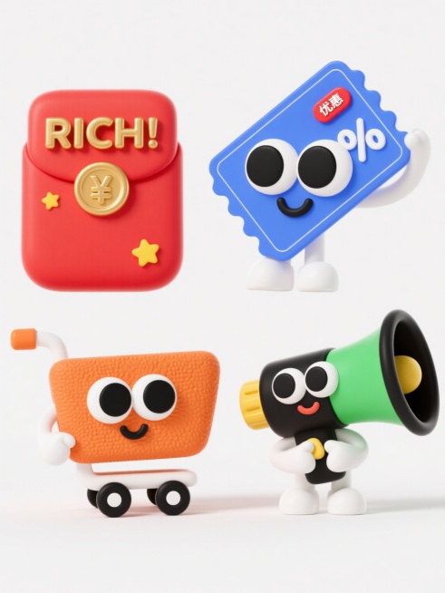 一组4个电商促销元素，每个元素都具有可爱的卡通3D立体造型，表面有细腻的纹理质感，大大的黑色圆形眼睛，微笑的表情和小巧的白色四肢，显得生动活泼。4个元素包含：鲜艳红色的红包，带有金色立体的“RICH!”字样和黄色星星装饰；蓝色的优惠券，带有白色的折扣信息和红色的按钮；橙色的购物车，带有黑色的轮子和白色的把手；绿色的喇叭，带有黑色的喇叭口和黄色的按键。所有元素背景为纯白色，突出主体，整体设计简洁……预览效果