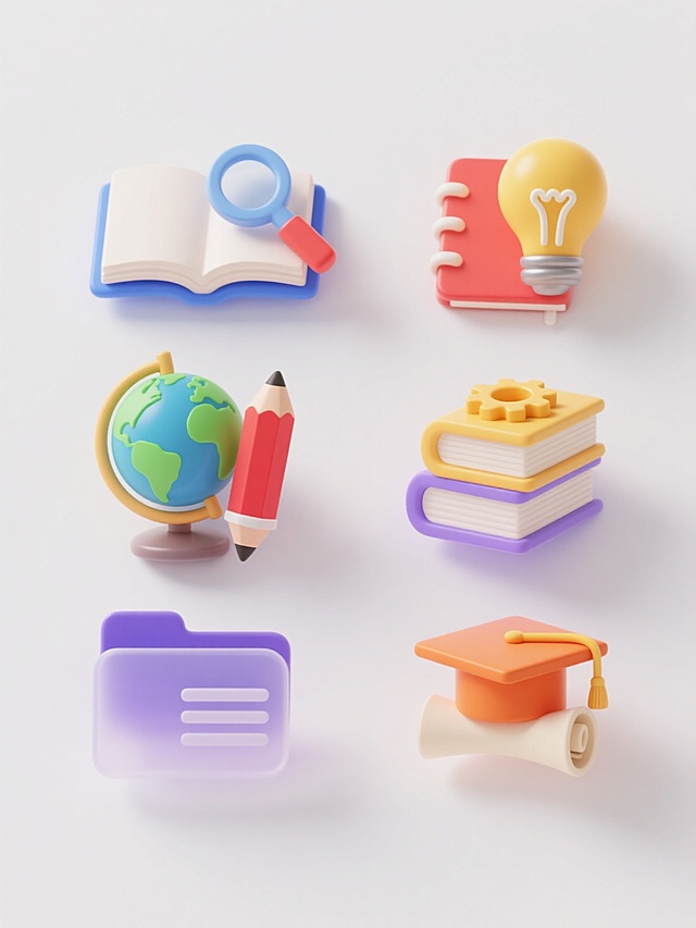 保持原图3D立体风格，白色背景上整齐排列6个学习主题图标，每个图标采用渐变半透明材质，具有柔和光影和清晰高光效果。图标包括：蓝色翻开的书本搭配放大镜、红色铅笔与笔记本组合、绿色地球仪和书籍堆叠、黄色灯泡与齿轮创意组合、紫色文件夹与文档图标、橙色毕业帽和卷轴设计。所有元素保持统一的圆润边角和简洁造型，色彩明快和谐，整体构图均衡对称，每个图标间距相等，传达出学习、知识、创新的积极氛围，无任何文字、二维码及多余装饰元素。