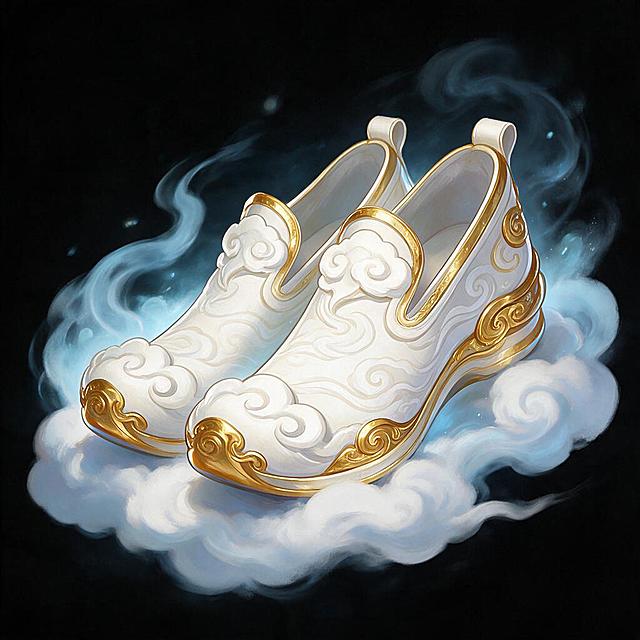 游戏装备图标，踏云履，一双白色云纹仙履，轻盈飘逸，鞋身有云朵装饰，仙气缭绕，踏云而行，欧美卡通手绘风格，厚涂质感，金属光泽，深色纯黑背景，立体感强，高饱和度色彩，单个图标居中展示