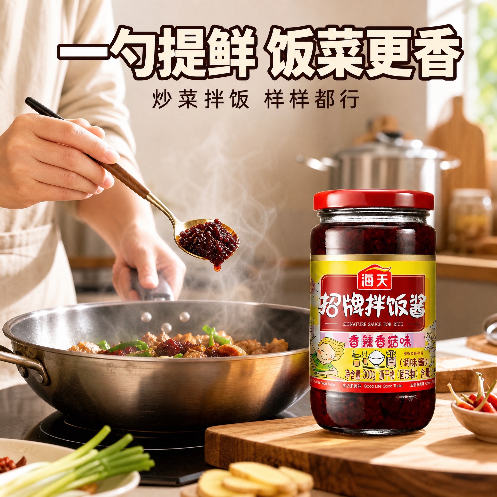 [主图-6] 海天招牌拌饭酱厨房实用场景图 家庭主妇炒菜使用场… - 图片创意预览