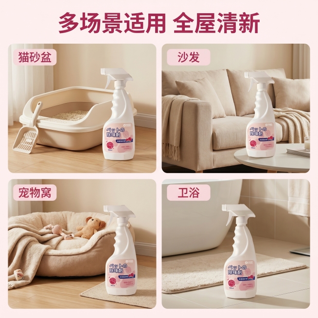 [主图 4] 宠物除臭剂喷雾多场景使用展示
[氛围/风格] 温馨生活风，不同场景都保持治愈干净质感。
[画面元素] 商业摄影质感，光线柔和通透，产品清晰真实，画面干净高级。采用四宫格布局，每个宫格展示预览效果