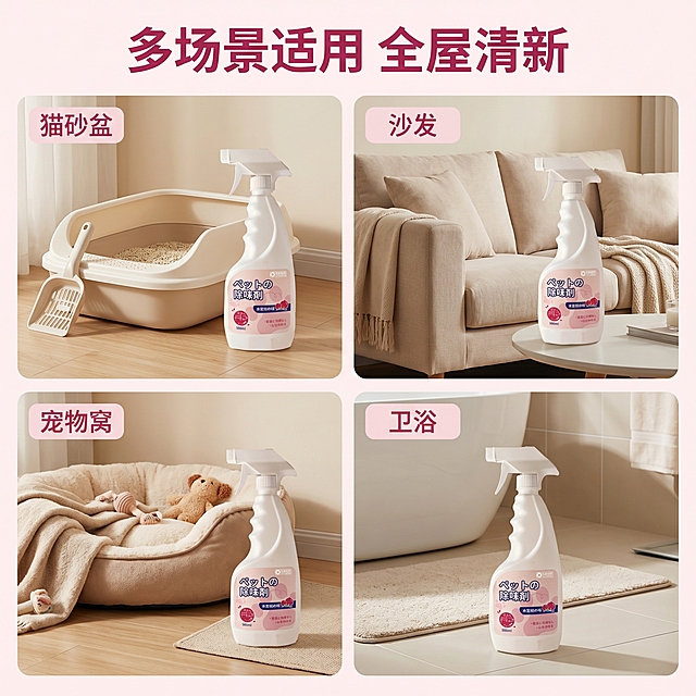 [主图 4] 宠物除臭剂喷雾多场景使用展示
[氛围/风格] 温馨生活风，不同场景都保持治愈干净质感。
[画面元素] 商业摄影质感，光线柔和通透，产品清晰真实，画面干净高级。采用四宫格布局，每个宫格展示一个使用场景：猫砂盆旁、沙发角落、宠物窝旁、卫生间地面，每个场景中都自然放置本品，场景整体干净明亮，保持产品外观一致，整体排版整洁不拥挤。
[配色色系] 每个场景都采用浅暖调，整体配色统一，低饱和度，温馨舒适。
[视角构图] 四宫格等分排版，每个场景都采用平视拍摄，统一景深。
[文字版式] 画面顶部居中主标题 "多场景适用 全屋清新" 深粉色粗体，每个小场景角落标注场景名称（猫砂盆/沙发/宠物窝/卫浴），浅粉色小标签白字，不遮挡主体。
[比例分辨率] 1:1 比例，2k 分辨率，文字清晰可辨，超高清。
[负向提示词] 变形，水印，文字错乱，产品图模糊，背景杂乱，文字遮挡主体，配色刺眼，场景脏乱