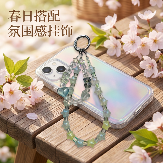 [主图 4] 佩戴场景展示主图。[氛围风格] 春季日常氛围感，清新自然，风格保持和整套主图统一；[画质] 商业生活场景摄影质感，画质清晰通透，自然真实。[元素] 手机链挂在透明渐变手机壳上，手机放置在预览效果