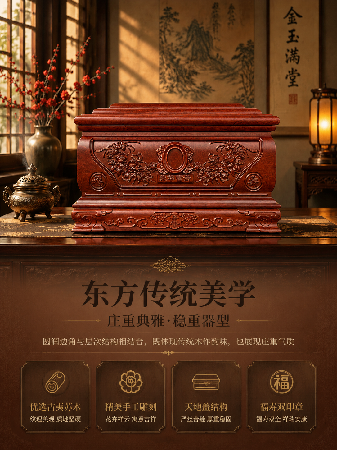 [商品] 使用【图1】金玉满堂古夷苏木骨灰盒正面图；保留正面完… - 图片创意预览