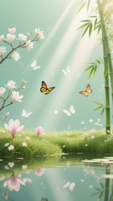 高清摄影风格的植物背景，柔和的浅绿色渐变背景，温暖的阳光光束从上方斜射而下，形成清晰的光影条纹和光斑效果，画面底部有平静的水面倒映着光线和植物，前景是茂盛的绿色草地，点缀着粉白色的玉兰花和白色的小碎花，左侧有开满白色花朵的树枝向右延伸，右侧有几片翠绿的竹叶垂下，几只形态各异的蝴蝶（包括一只黄黑相间的凤蝶和几只白色蝴蝶）在空中飞舞，整体营造出清新、宁静、自然的春日氛围，细节丰富，色彩和谐，光影层……预览效果