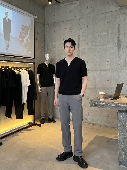侘寂工业风男装店内，裸露水泥毛坯墙搭配水泥地面，粗粝极简氛围。左侧带暖光灯黑色挂衣杆挂着黑白简约成衣，墙面投影幕布播放时装秀。银色金属无头模特穿同款黑色短袖V领上衣和灰色宽松直筒裤。右侧石质台面放笔记预览效果