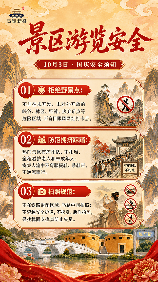 国潮山水风格竖版安全须知海报，延续参考图的红金喜庆配色和国风山水意境。顶部保留古镇新桥logo标识，主标题为红色书法大字"景区游览安全"，副标题为"10月3日 · 国庆安全须知"。中部为三个编号信息板块：01 拒绝野景点：不前往未开发、未对外开放的峡谷、林区、野滩、废弃矿点等危险区域，不盲目跟风网红打卡点；02 防范拥挤踩踏：热门景区有序排队、不扎堆，全程看护老人和未成年人；密集人流中不弯腰提鞋、系鞋带，不逆流而行；03 拍照规范：不在铁路封闭区域、马路中间拍照；不跨越安全护栏，不探身、后仰拍照，寻找稳固支撑点防止失足。背景为暖金色国潮山水云雾，底部有红色飘带和牡丹装饰，整体喜庆庄重，信息清晰可读，版式精美。画面中所有信息区域必须填充完整合理的内容，不得出现空白框。画面中所有数字必须精确渲染，不得错位、遗漏或编造。