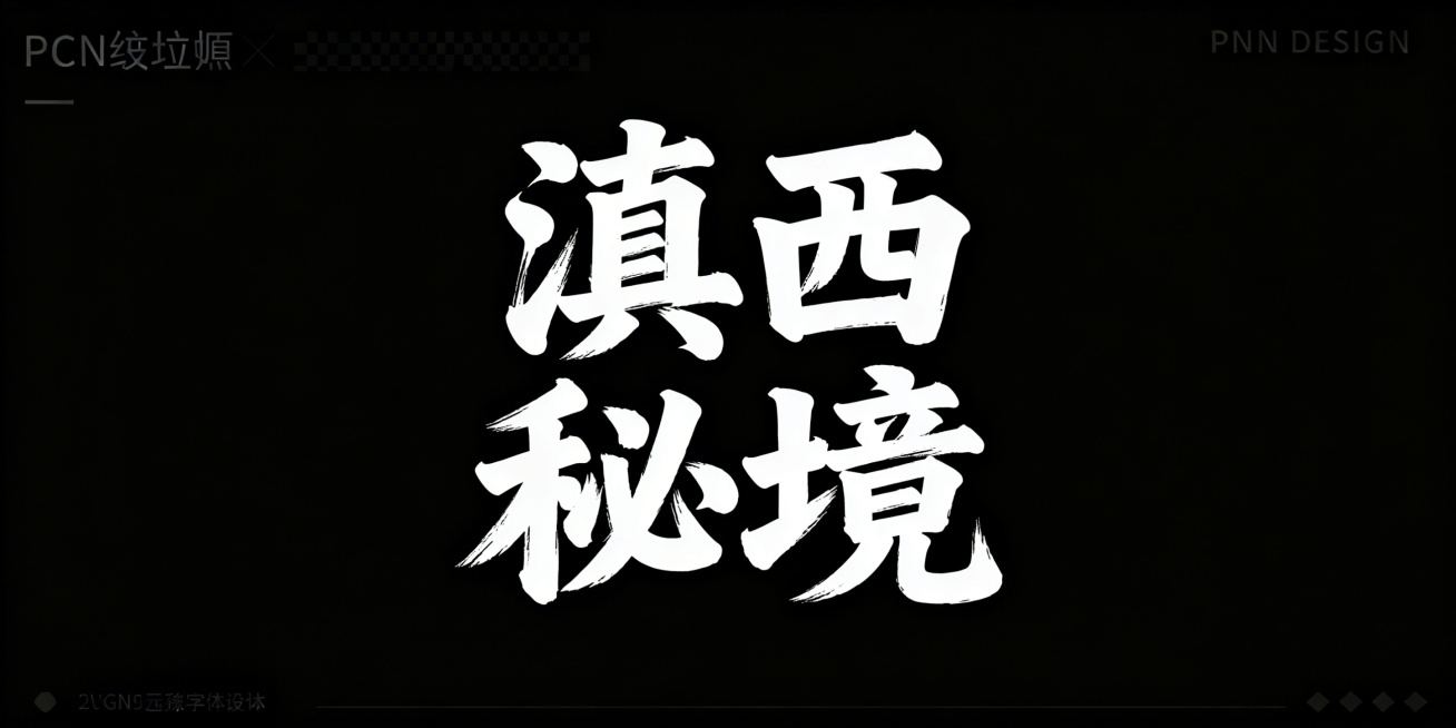 纯黑色背景上有四个清晰的白色书法字体文字“滇西秘境”，文字居中显示，生成一张PNG透明背景文字设计图，字体风格苍劲有力预览效果