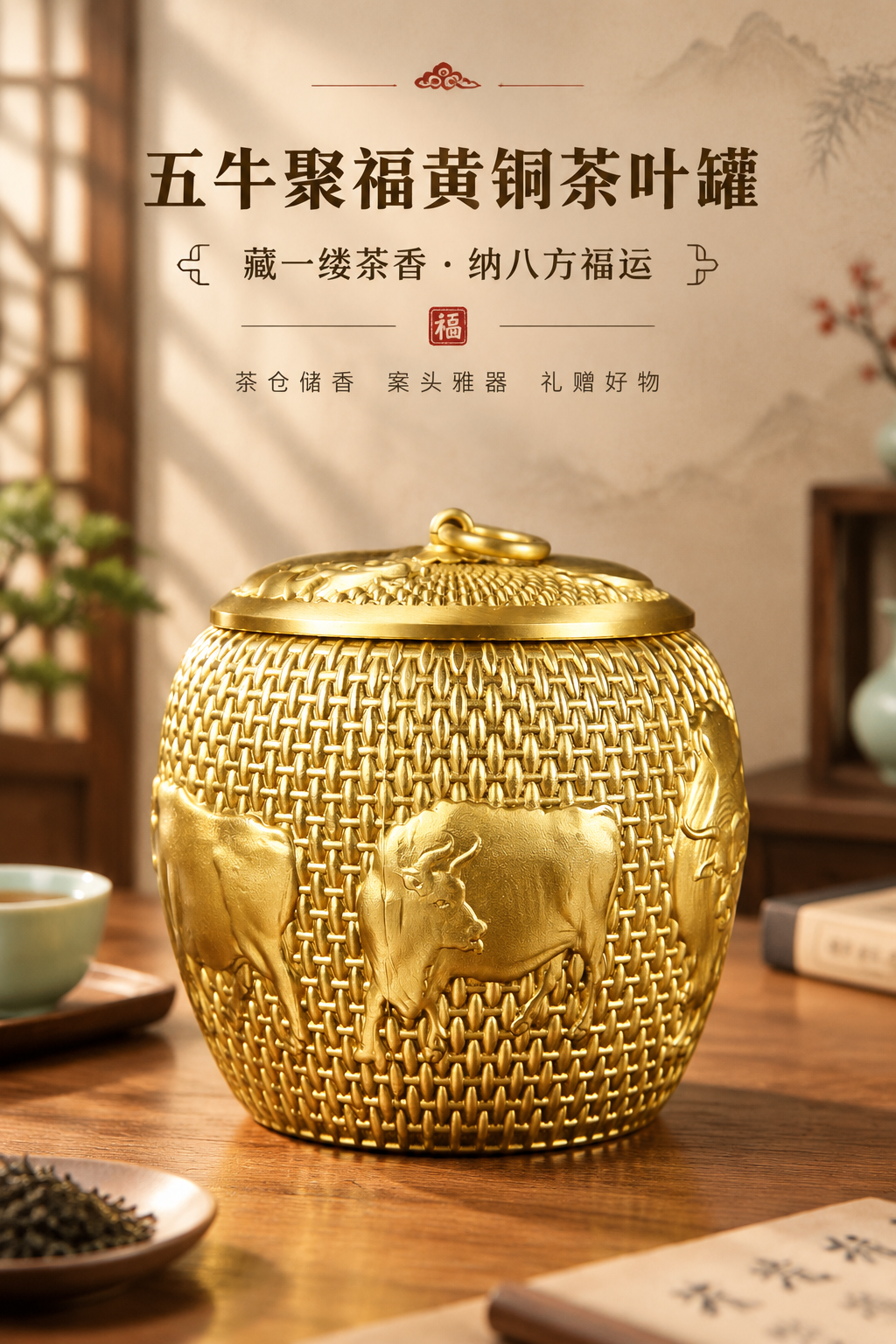 [商品] 使用【图6】五牛黄铜茶叶罐（中号）；保留罐身竹编纹理… - 图片创意预览