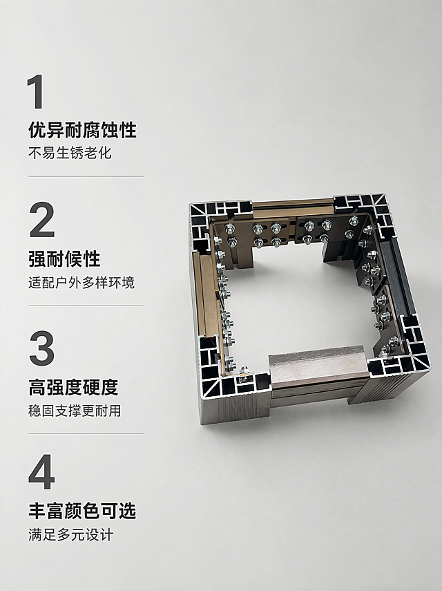 [主图-2] 别墅梯铝型材核心卖点展示；保持别墅梯铝型材产品外观（物理结构、材质质感、颜色）与输入产品图绝对一致，杜绝任何变形和色差，精细化处理；背景为干净浅灰色极简底，产品主体放置在画面偏右侧。左侧竖排1-4大字编号配卖点清单，双行粗细大小对比清晰，文字左对齐不遮挡主体。编号卖点分别为：1 优异耐腐蚀性 不易生锈老化；2 强耐候性 适配户外多样环境；3 高强度硬度 稳固支撑更耐用；4 丰富颜色可选 满足多元设计。商业摄影质感，光线柔和通透，产品清晰真实，画面干净高级，符合小红书风格。主光照亮型材结构切面，突出金属质感，光影层次清晰，背景浅灰简洁不抢主体。文字采用深灰色，对比清晰，排版规整。视角为平视45度斜拍，景深适中，产品完整呈现。比例3:4，4k分辨率，文字清晰锐利，超高清。负向提示词：变形，水印，文字错乱，产品图模糊，背景杂乱，遮挡主体。