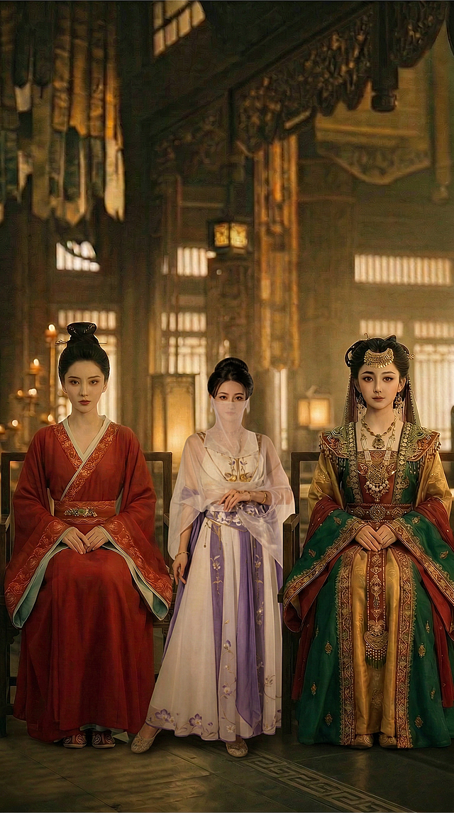 将穿紫白古装、戴面纱的女子放在图一两个女子中间的椅子上，女子端正坐着，姿势与左右两边的女子一致，整体光影、风格和图一完全融合，画面自然和谐