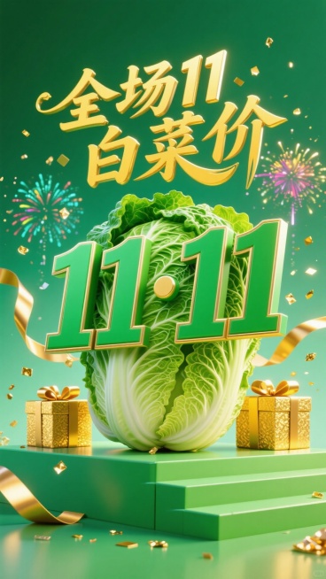 绿色白菜立体字 “11·11” ，上方搭配鎏金黄色 “全场白菜价” 艺术字。周围环绕金黄礼盒、金色丝带、烟花、碎金片，背景为绿色渐变，底部有绿色阶梯展台，整体风格生机盎然预览效果