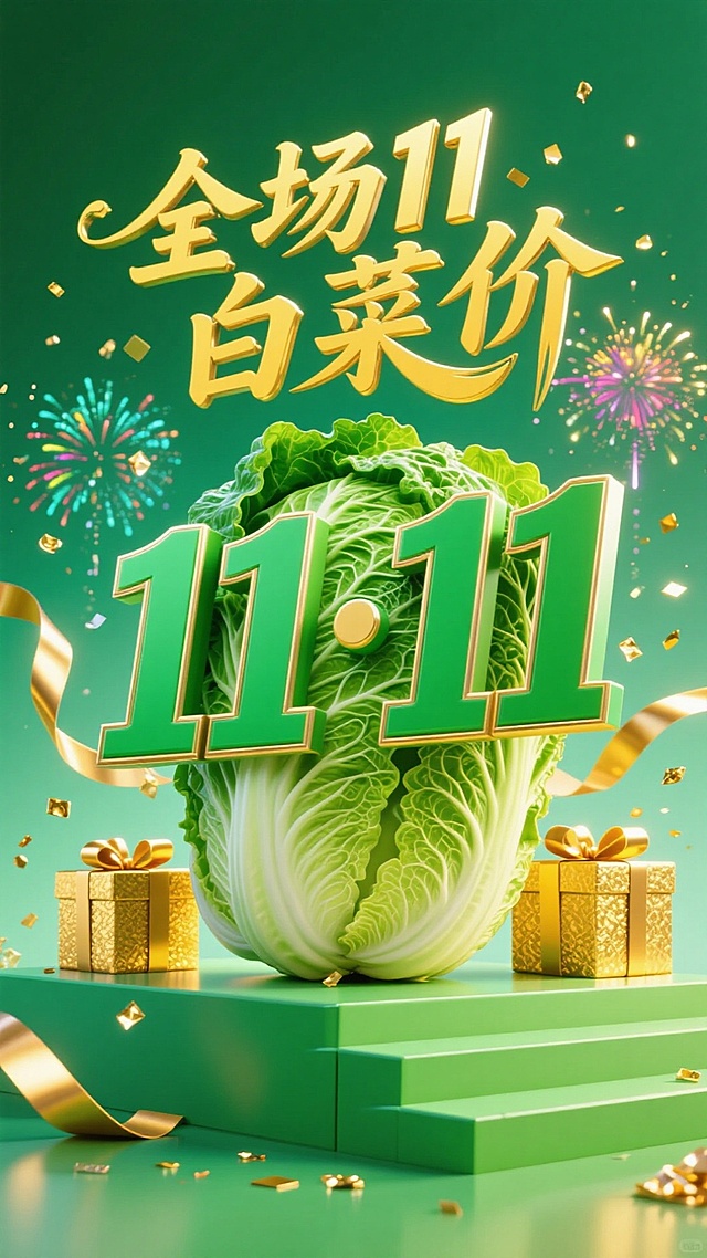 3D重拟物风格，鎏金粒子点缀，大白菜与“11·11”数字融合，营造喜庆促销氛围，突出节日购物狂欢感。
