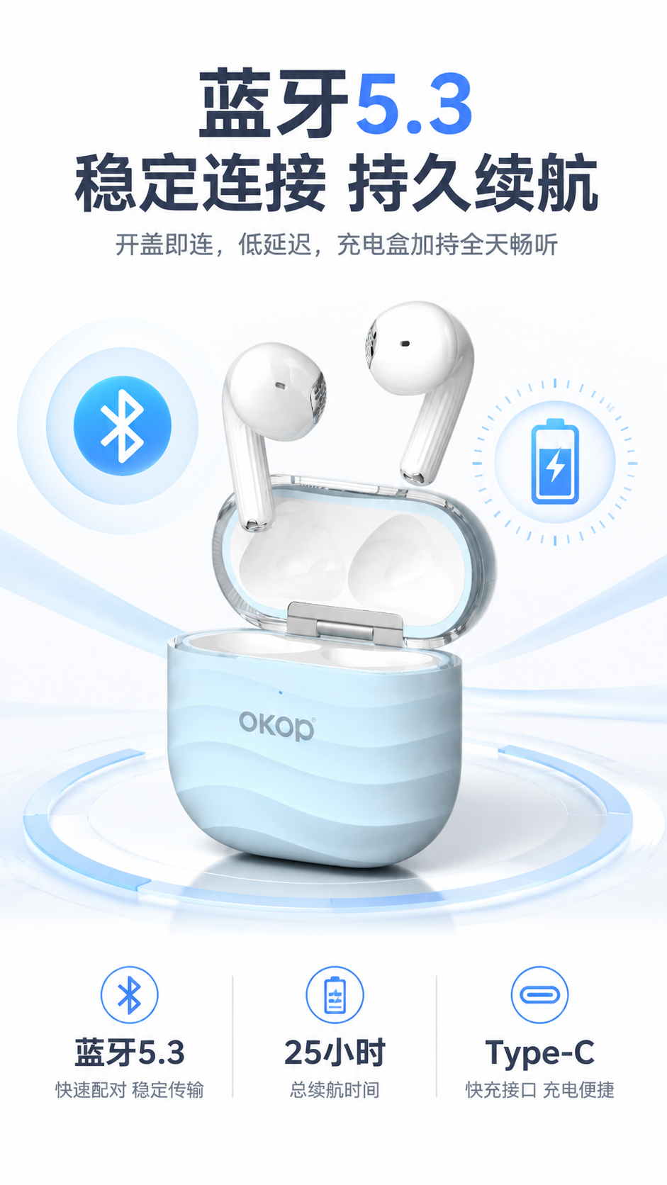 电商详情页第5屏（蓝牙+续航卖点）：OKOP 真无线蓝牙耳机… - 图片创意预览