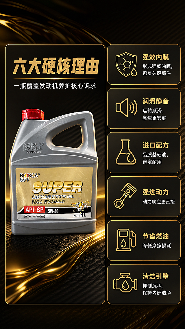 [商品] 使用【图1】波尔卡 BORCA SUPER 全合成汽油发动机油 4L 瓶装；严格保留灰色瓶身造型与比例、红色瓶盖、黑金标签上的 "BORCA 波尔卡"、"SUPER"、"GASOLINE ENGINE OIL"、"TOTAL SYNTHESIS"、"API SP"、"5W-40"、"NET: 4L" 及标签图案和瓶身 "多路士 DUOLUSHI" 压印文字，不改写不翻译；本张产品置于左侧大卡内、直立正侧视，标签完整清晰。
[画面] 目标：用六大理由总览建立购买认知；版式骨架：左侧 1 张大信息卡（含产品图 + 主标题），右侧 2 列 × 3 行小卡片瀑布流；产品占全画面约 35%，小卡内为金色细线图标配短文案；背景为深暖炭黑渐变叠加机油流动的暖金光泽纹理与细腻碳纤维肌理；前景小卡悬浮阴影、中景产品、后景虚化金属曲面；9:16 竖版纵向阅读动线。
[视觉] 套系策略：风格=深色科技性能商业摄影；标题字=现代无衬线粗体；正文字=简洁无衬线体；主色=深暖炭黑；背景延展=基于深暖炭黑做深浅层级、同色渐变与拉丝金属/碳纤维细腻纹理；强调色=品牌金，仅用于小面积图标、引线、标签与局部光效；标题色=亮金；正文色=暖白；组件=金色细线圆角信息卡、细线引线、参数胶囊；光影=左前侧暖调硬朗侧逆光加局部金色轮廓光。
[文字] 全部横排、简体中文：主标题 "六大硬核理由"，副标题 "一瓶覆盖发动机养护核心诉求"；六张卡片文字横排、每条不超过 20 字："强效内膜｜形成强韧油膜，包覆关键部件"、"润滑静音｜运转顺滑，怠速更安静"、"进口配方｜品质基础油，稳定耐用"、"强进动力｜动力响应更直接"、"节省燃油｜降低摩擦损耗"、"清洁引擎｜抑制沉积，保持内部洁净"；正文手机端可读，字色不超过两种，不出现说明词，不遮挡产品。
[规格] 比例 9:16 竖版，4K，负向提示：避免变形、错字、乱码、瓶身文字改写、蚂蚁字、竖排或旋转文字、纯白底同尺寸图标宫格、冷蓝/蓝灰背景、平台 Logo 与水印、二维码。