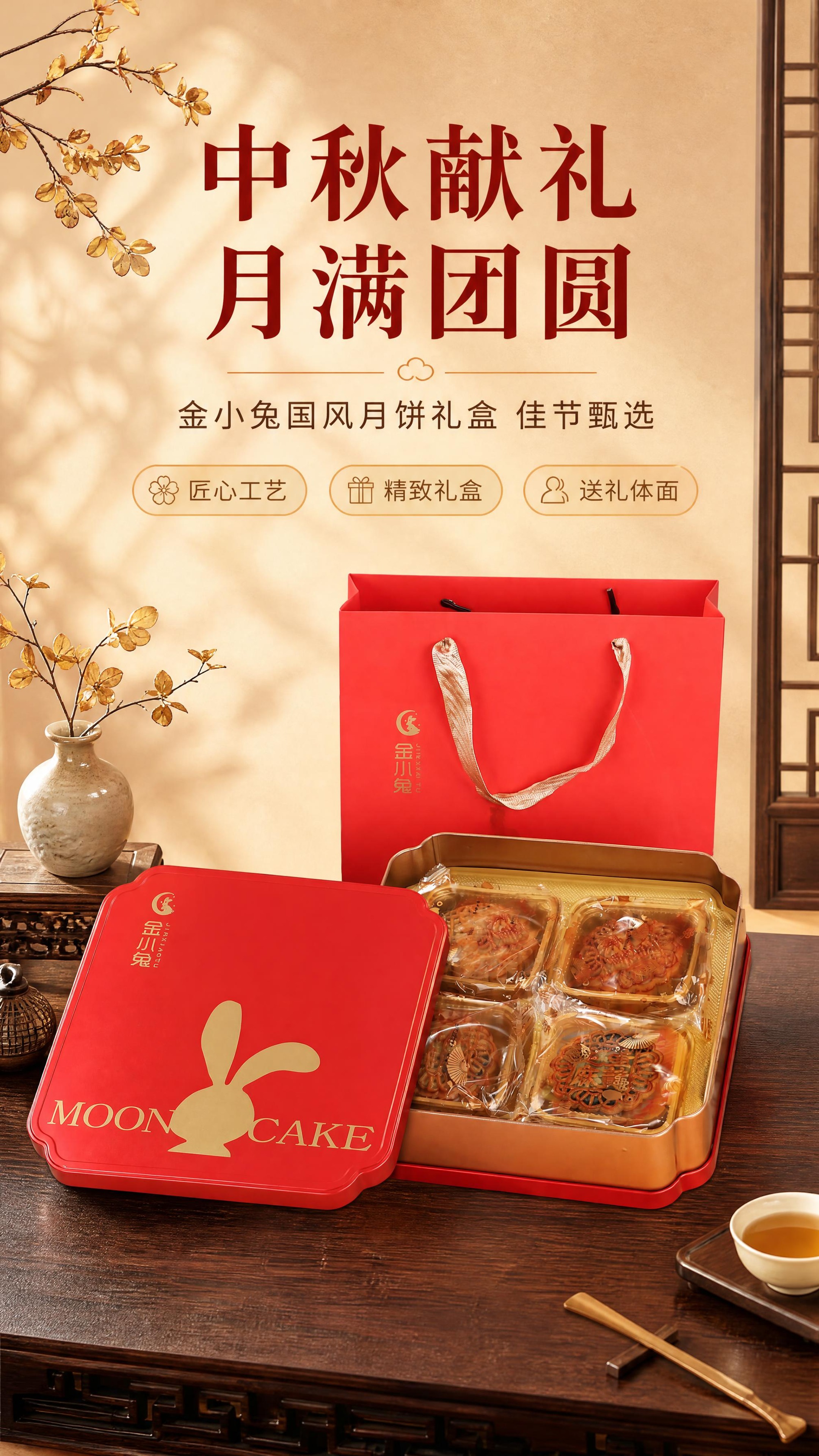 [商品] 使用【图1】金小兔中秋月饼礼盒，含红色铁盒（金色兔子… - 图片创意预览
