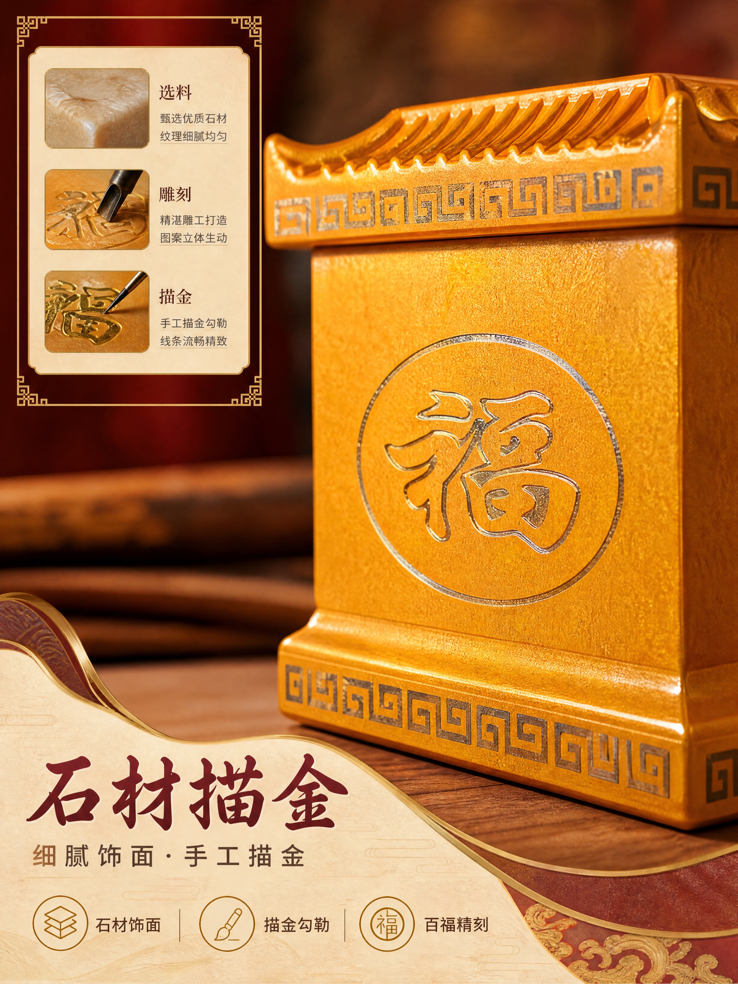 [商品] 使用【图1】金黄款斜侧图的局部放大：金黄石材饰面、侧… - 图片创意预览