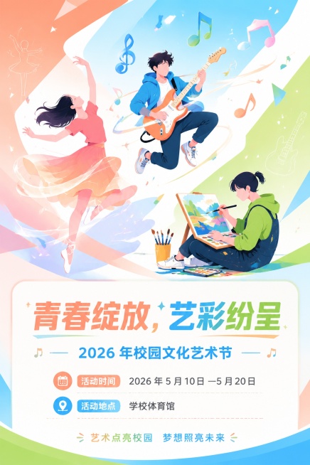 竖版校园活动宣传海报，现代简约扁平化设计，活力动感视觉基调，高明亮度明快撞色，主色调蜜桃橙、晴空蓝、嫩草绿、奶白，柔和渐变背景搭配细碎不规则几何碎块点缀；核心视觉主体是三组青春高中生动态剪影：跳现代舞预览效果