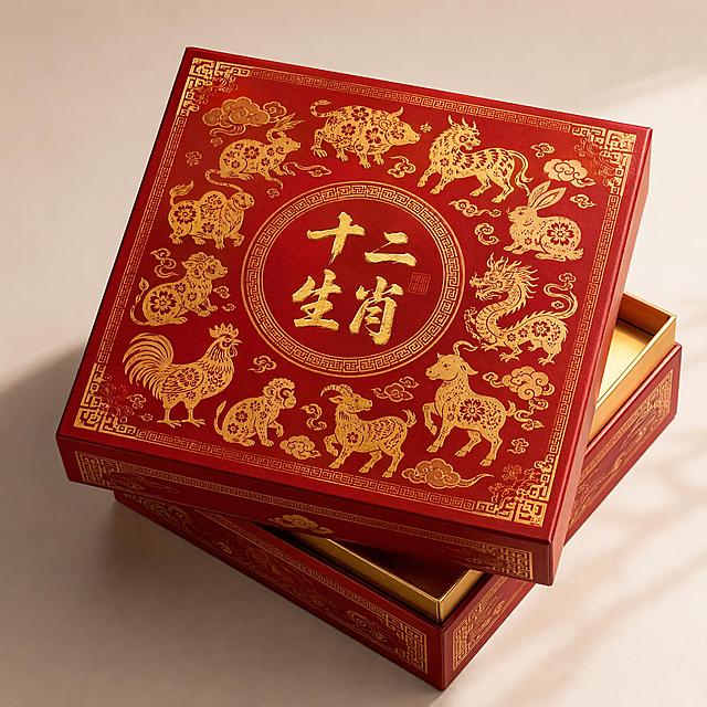 国潮新中式风格的十二生肖礼品盒包装设计，方形礼盒，45度斜视角展示，盒盖半开，呈现立体感。礼盒主色调为中国红搭配烫金，盒面环绕排列十二生肖传统纹样（鼠、牛、虎、兔、龙、蛇、马、羊、猴、鸡、狗、猪），每一生肖采用金色剪纸风格图案，精致细腻。礼盒中央有圆形徽章，内有"十二生肖"四个书法大字，烫金效果。盒身边缘有祥云纹、回纹等传统装饰边框，整体设计喜庆大气，高端精致。礼盒放置在浅米色背景上，柔和侧光，投射自然阴影，体现礼盒的材质质感与立体感。超高清画质，细节丰富，包装设计效果图风格，版式精美。