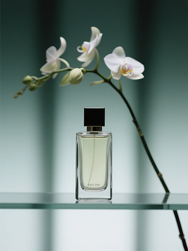 一瓶香水特写，玻璃台子，背后是一枝动态模糊有残影的兰花，浅绿色渐变背景，暗调