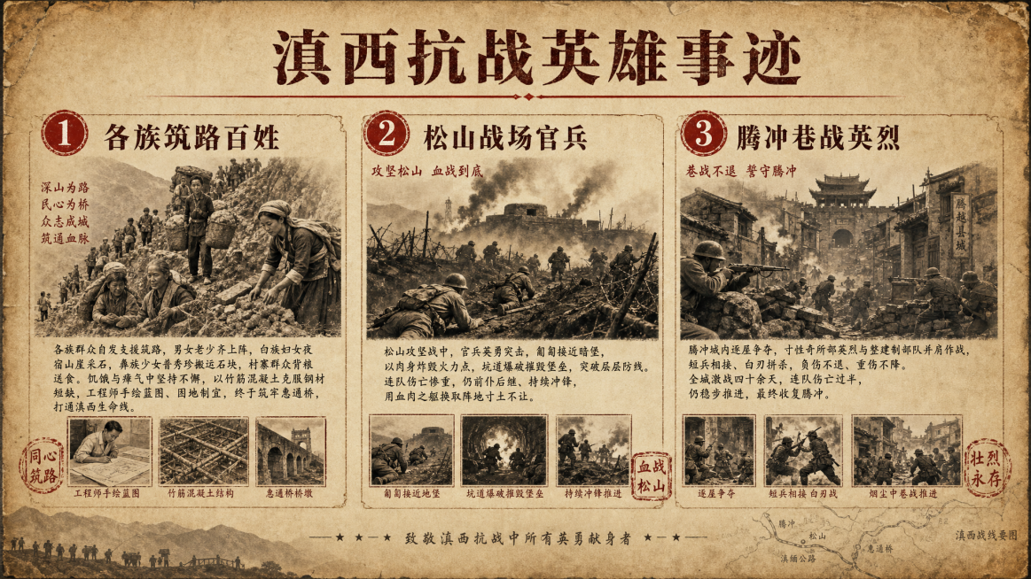 制作一张抗战历史PPT页面，延续之前泛黄复古抗战风格，标题为"滇西抗战英雄事迹"，内容分为三部分：1.各族筑路百姓：滇西深山瘴气肆虐，不少老人、孩童自发上工，澜沧江边白族妇女结伴露宿山崖采石，很多人染预览效果