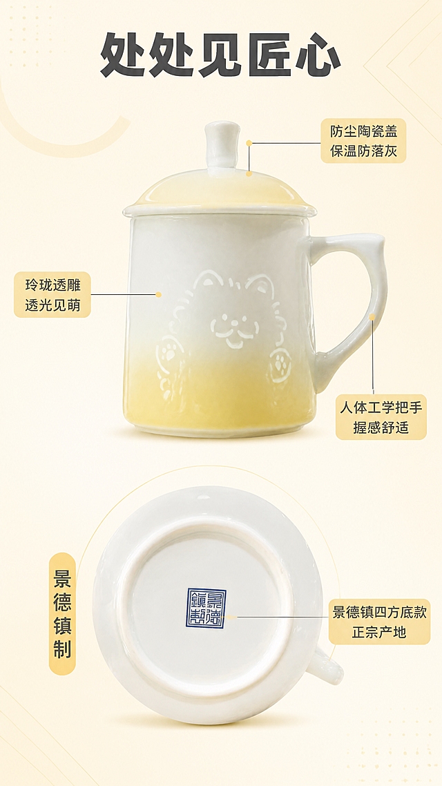 拼多多风格电商详情页第3张，陶瓷马克杯结构细节解析页。本张使用【图3黄渐变招财猫款】作为杯身主体，【图8景德镇底款】作为底部细节，【图2带盖款】作为杯盖参考。
[氛围/风格] 清新马卡龙风+结构解析风，细线引线标注，专业清晰。
[元素布局] 鹅黄色渐变招财猫玲珑马克杯置于画面中央偏上，占比约50%，杯身招财猫玲珑图案正对观众；画面下方展示杯子底部景德镇四方底款特写；用细引线从杯盖、杯身玲珑纹、杯把手、底部底款四个部位引出标注；背景为浅黄色渐变，点缀几何线条装饰。
[光影质感] 正面柔光均匀照明，杯身釉面光泽自然，底部底款文字清晰可辨。
[配色色系] 全局底色 #FFF9E6 浅鹅黄；主色深灰文字；辅助色鹅黄色标签块。
[视角构图] 中心产品+底部细节特写，上下构图，引线从产品向四周引出。
[文字版式] 顶部大标题「处处见匠心」粗黑体深灰色；四条引线标注：①杯盖处「防尘陶瓷盖 保温防落灰」，②杯身处「玲珑透雕 透光见萌」，③把手处「人体工学把手 握感舒适」，④底部底款处「景德镇四方底款 正宗产地」；底部底款特写旁加小标签「景德镇制」。文字清晰，字号适中。
[比例分辨率] 9:16竖版比例，4K分辨率，文字清晰可辨，高清画质。
[负向提示词] 杯身变形，缺件错件，颜色偏差，水印，文字错乱，底款模糊，背景杂乱。