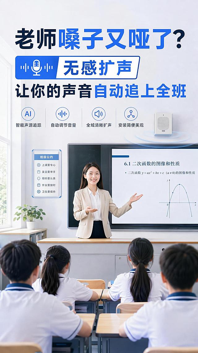 去掉讲桌上的黑色蓝色设备，补全和周围一致的讲桌木质桌面，保持其余文字、构图和场景完全不变