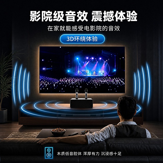 [主图-6] 真实工作状态/操作完成体验：影院级3D环绕音效，沉浸式观影体验。
[统一基调] 风格=现代简约科技家居风；背景主色=深灰黑（影院级氛围感）；标题字色=白色；辅助字色=浅灰；强调色=冰蓝色；字体=粗黑无衬线简体中文+简洁无衬线正文；组件=蓝色声波弧线、发光胶囊标签。
[画面] 使用【图4】黑色款家庭K歌音响一体机+双无线话筒。1:1方形构图，深色影院场景，电视播放演唱会画面，音响放置在电视柜上位于画面中下位置，两侧有蓝色声波弧线向四周扩散示意3D环绕效果，右下角一位男士坐在沙发上背对镜头欣赏，沉浸感强。产品占画面约30%。
[光影质感] 商业摄影质感，暗调环境光，电视屏幕发光，产品有轮廓光，声波效果发光自然，整体氛围沉浸有质感。
[配色] 主色深灰黑，强调色冰蓝色用于声波效果和标签，标题白色，正文浅灰。
[文字版式] 顶部主标题"影院级音效 震撼体验"，副标题"在家就能感受电影院的音效"，蓝色发光胶囊标签"3D环绕体验"，底部补充"木质低音腔体 浑厚有力 沉浸感十足"。文字全部横排。
[输出要求] 1:1方形，2048x2048，2K，文字清晰可读，产品清晰不变形，无错字，无平台Logo，无水印，无竖排文字。