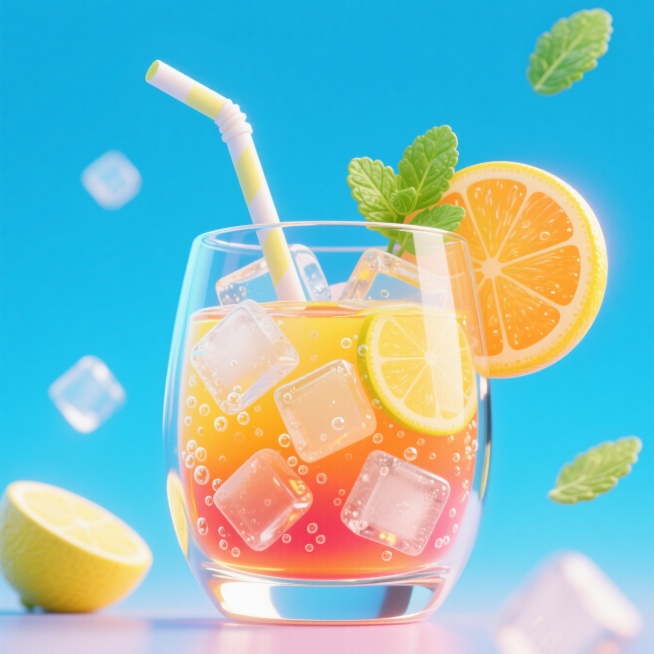 主体是一个透明玻璃杯，里面装有果汁、冰块和一根吸管。周围漂浮着柠檬、橙子和薄荷叶。背景是渐变的海蓝色。预览效果