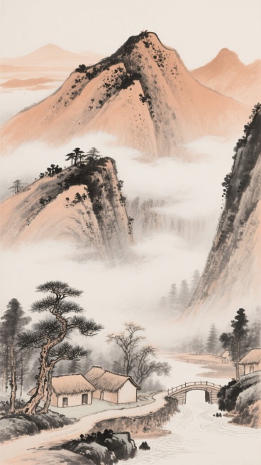 中国传统水墨画风格山水背景，以淡赭石和浓淡墨色为主色调，远山以淡墨渲染轮廓，主峰以浓墨勾勒山脊并点缀焦墨苔点，山腰云雾以留白和淡墨晕染表现朦胧意境，近景有几株苍劲的松树和几间茅屋，山脚下一条蜿蜒小径通向小桥，桥下流水以淡墨线条示意，整体构图采用高远法，笔触简练洒脱，墨色层次丰富，营造出宁静悠远、淡泊空灵的文人画氛围。预览效果
