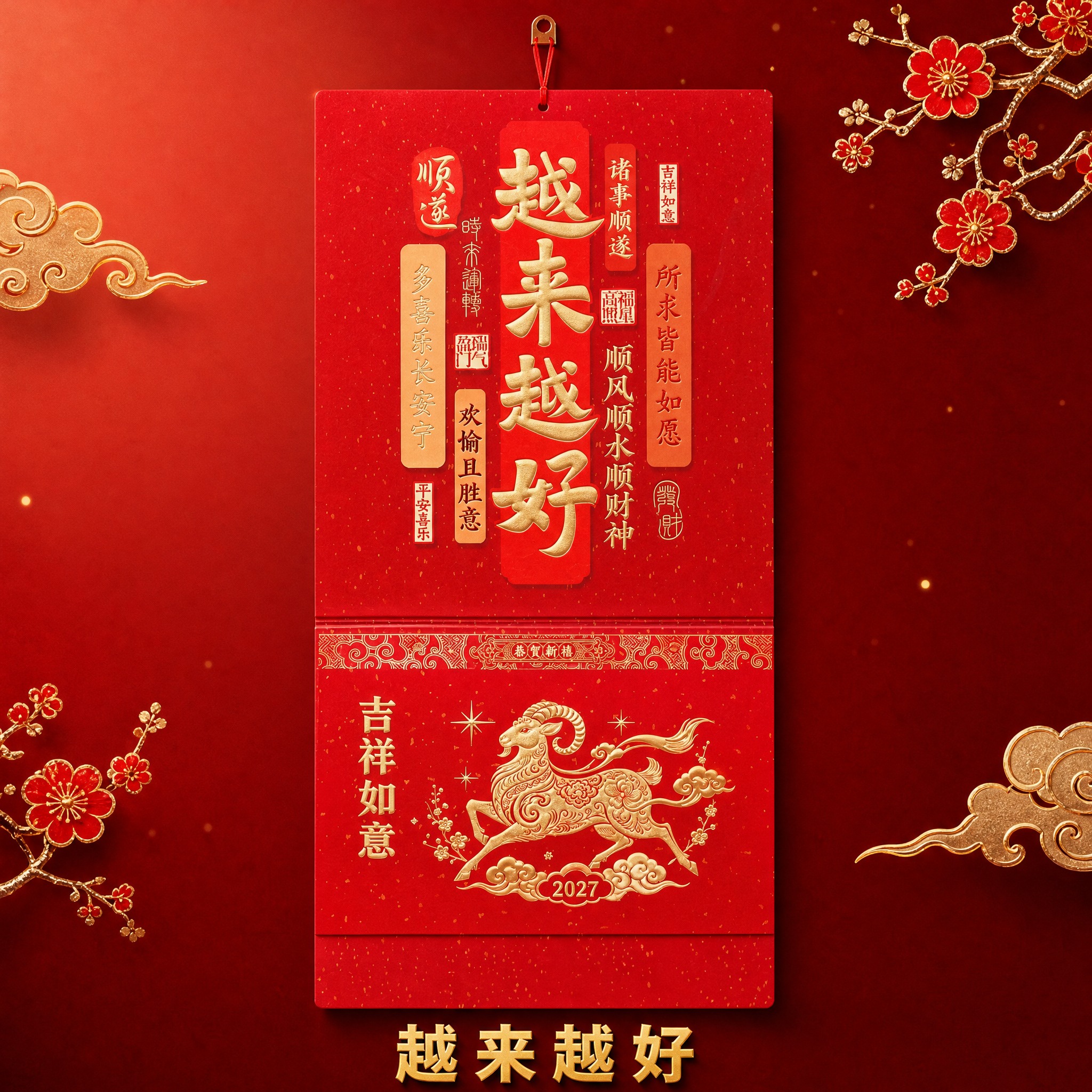 越来越好款2027羊年中国红烫金挂历 SKU单品图。 [统一基… - 图片创意预览