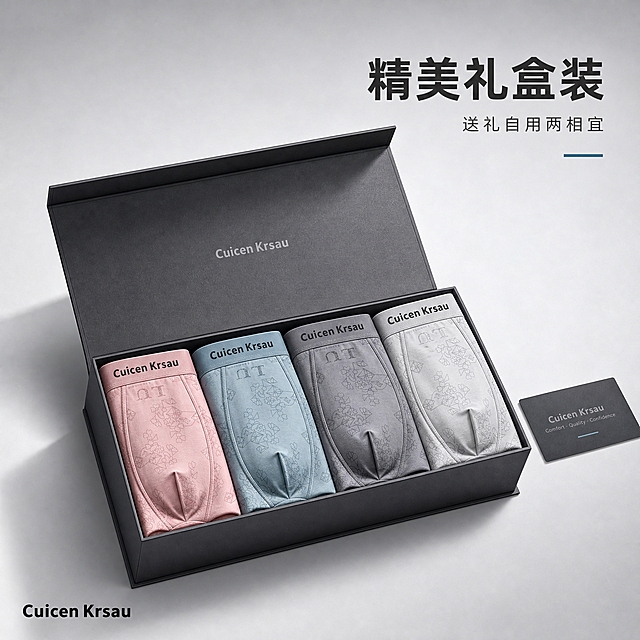 [主图-5] 主任务：礼盒包装展示，突出高端礼盒装的送礼品质和完整交付内容。
[统一基调] 高级简约商务风，浅灰渐变背景，主标题深灰加粗无衬线字体，辅助文案浅灰色，强调色用雾霾蓝点缀，整体干净有质感，文字占比<30%。
[画面] 画面主体为一个精致的男士内裤礼盒，礼盒呈打开状态，盒内整齐摆放着4条不同颜色的Cuicen Krsau男士平角内裤（豆沙粉、雾霾蓝、深灰、浅灰），礼盒为简约硬盒设计，盒盖内侧印有品牌Logo。礼盒呈45度角摆放，位于画面中央，主体占比约65%。礼盒旁边可搭配一张简约的品牌卡片。整体呈现高端礼品质感。腰头"Cuicen Krsau"字样清晰，位置不变。左下角放置品牌Logo。
[光影质感] 高端礼盒摄影质感，柔和顶光+侧光，礼盒材质有细腻纹理，内裤折叠整齐有质感，阴影柔和自然，整体氛围高级有档次。
[配色] 背景浅灰渐变，礼盒为深灰色或黑色高端质感，内裤保持4种原色，文字深灰色。
[文字版式] 画面上方或右侧标题："精美礼盒装" 加粗深灰色无衬线大字；下方小字："送礼自用两相宜" 浅灰色小号字体。左下角品牌Logo：Cuicen Krsau 小号黑色。
[输出要求] 1:1正方形，2K高清，内裤颜色与原图一致无色差，腰头Logo位置不变，文字清晰，无变形、错字、模糊、水印。