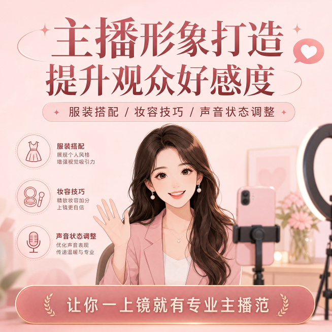 [主图-4] 主播形象打造宣传图。浅粉色背景，中间放主播简约插画。主标题："主播形象打造 提升观众好感度"，副标题："服装搭配 / 妆容技巧 / 声音状态调整"，底部："让你一上镜就有专业主播范"。柔预览效果