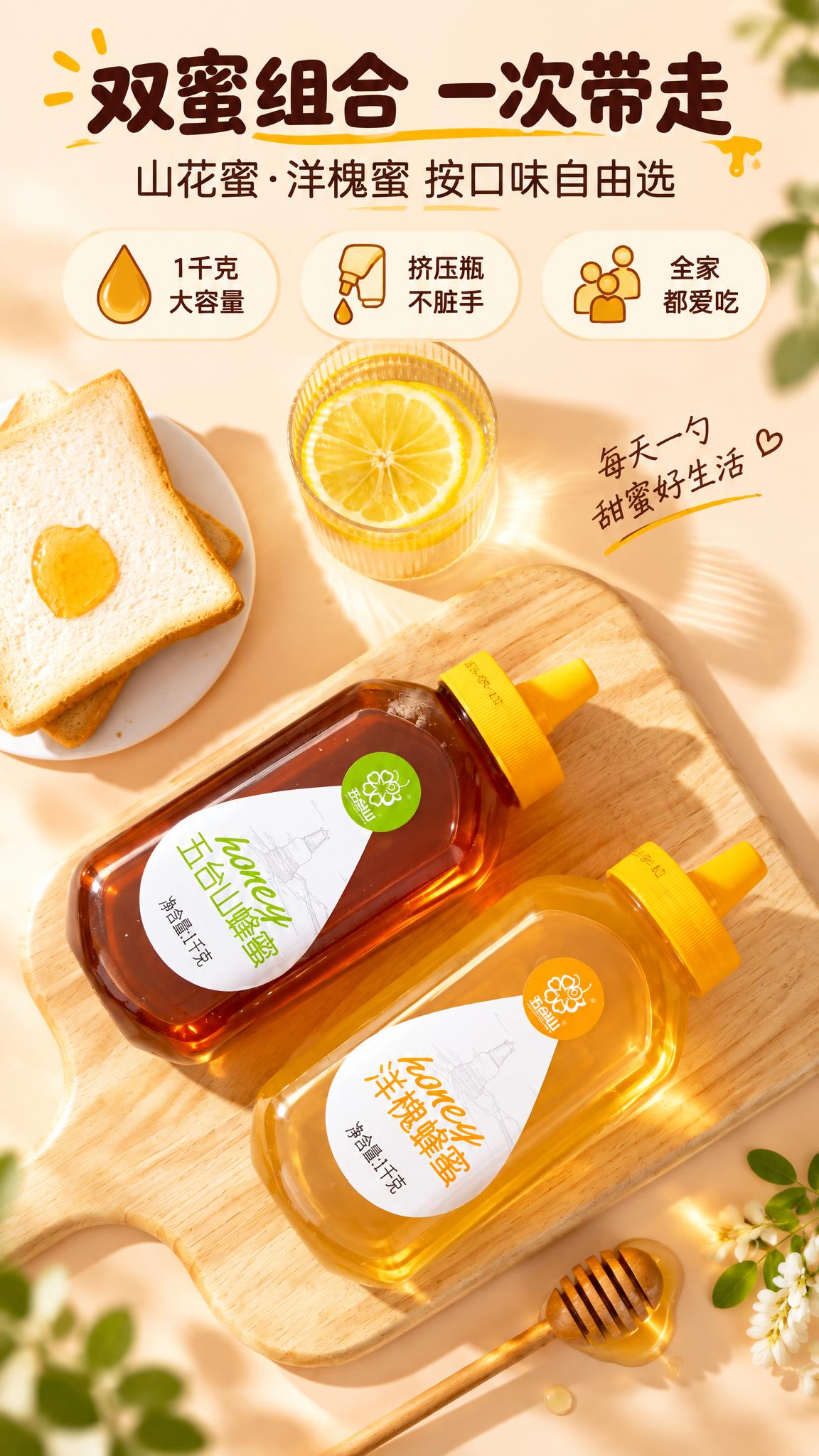[商品] 使用【图2】山花蜂蜜+洋槐蜂蜜俯拍双瓶组合；保留深琥… - 图片创意预览