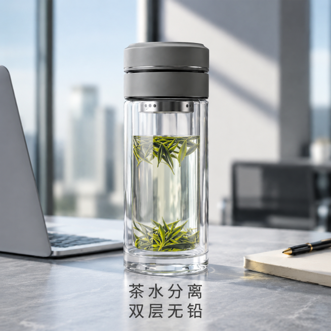 在画面底部固定居中添加双行文字，第一行：茶水分离 第二行：双层无铅，使用深灰常规字体，保留固定留白间距，排版不改动；整体调整为8K写实商业产品摄影，真实自然光拍摄质感，场景为写字楼窗边浅灰岩板桌面，上预览效果