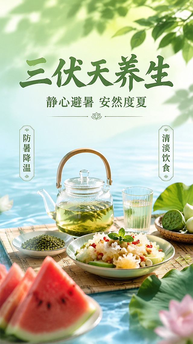 这是一张三伏天养生主题海报，设计风格为清新夏日自然风，写实商业摄影。主视觉居中放置，背景为浅绿渐变搭配清凉树荫和淡蓝色水波纹，营造夏日清爽氛围。主标题为"三伏天养生"，副标题为"静心避暑 安然度夏"，装饰文案分别是"防暑降温"和"清淡饮食"，文案信息清晰放置在画面相应区域，文字清晰可读。画面整体层次分明，版式精美，前景点缀有虚化的西瓜片和荷叶，突出清热祛暑、静心养生的主题，整体色调清新自然，饱和度适中，光影柔和。