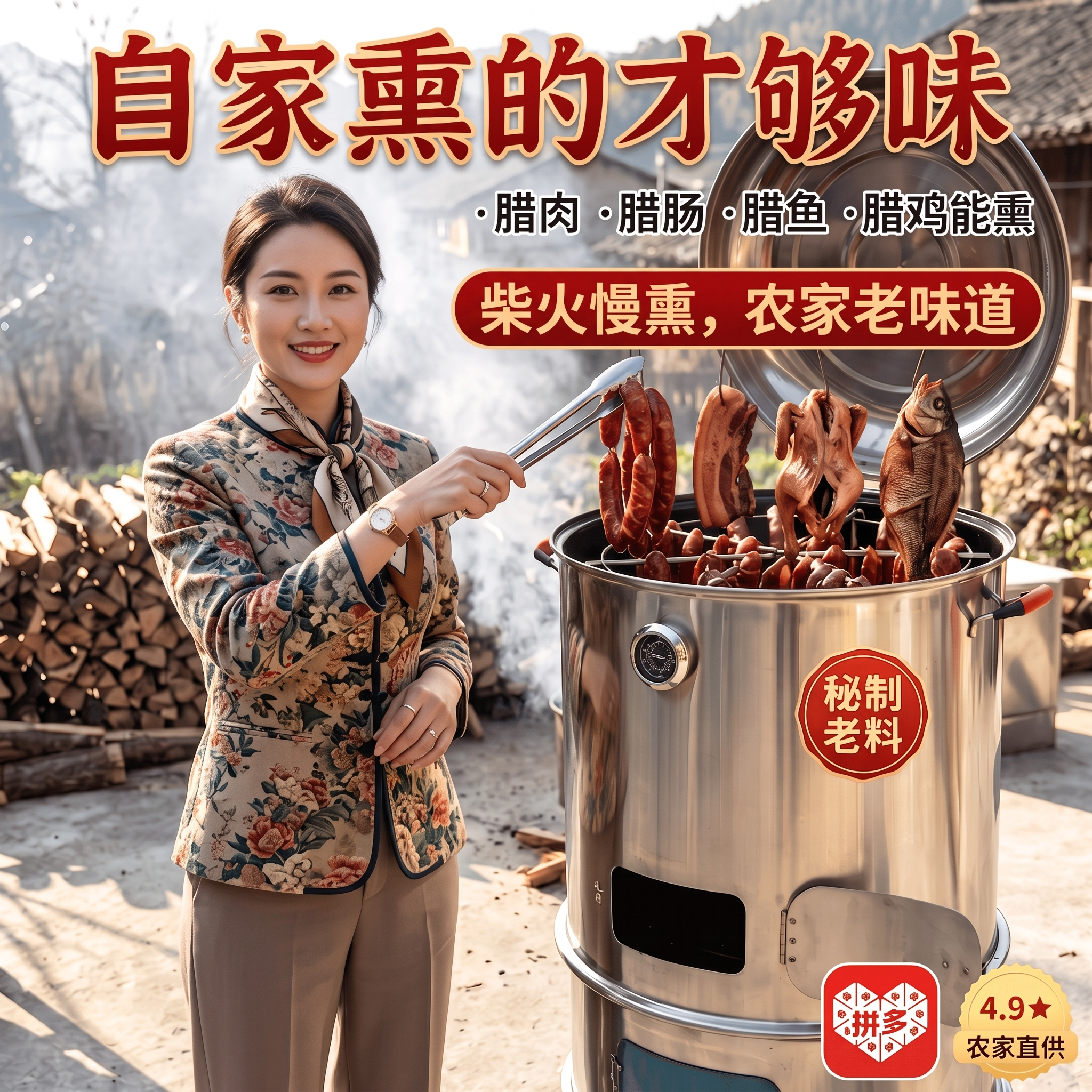 改一下，图中的人物改靓丽一点。嗯同时我们卖的是熏肉的炉子，啊图… - 图片创意预览