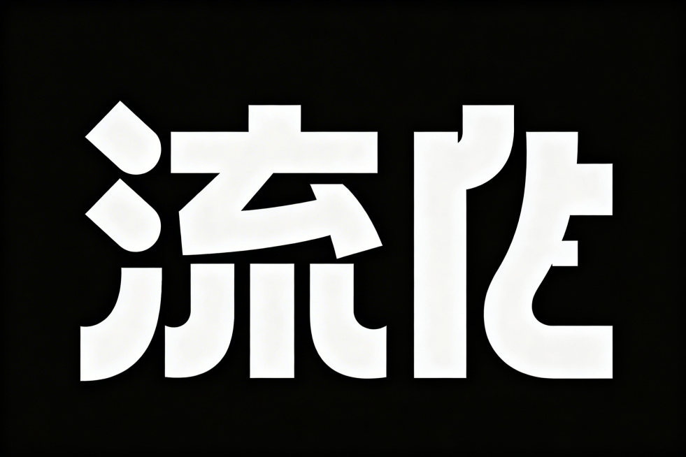 艺术字体设计“暗水流花径”，保留一个“流”字，横向排版，白色字体，纯黑色背景，极简风格，扁平矢量图形。采用黑体变形设计，笔画边缘厚重，拥有夸张的笔画张力和连笔处理，极具艺术感。笔画粗细均匀无变化，每个预览效果